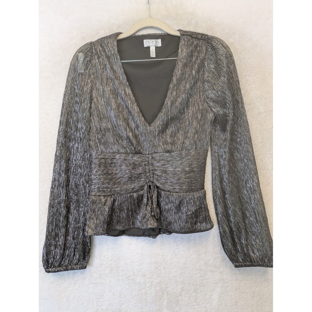 Sofia Jeans Peplum Top Women's M Black Silver Metallic V-Neck Long Sleeve
